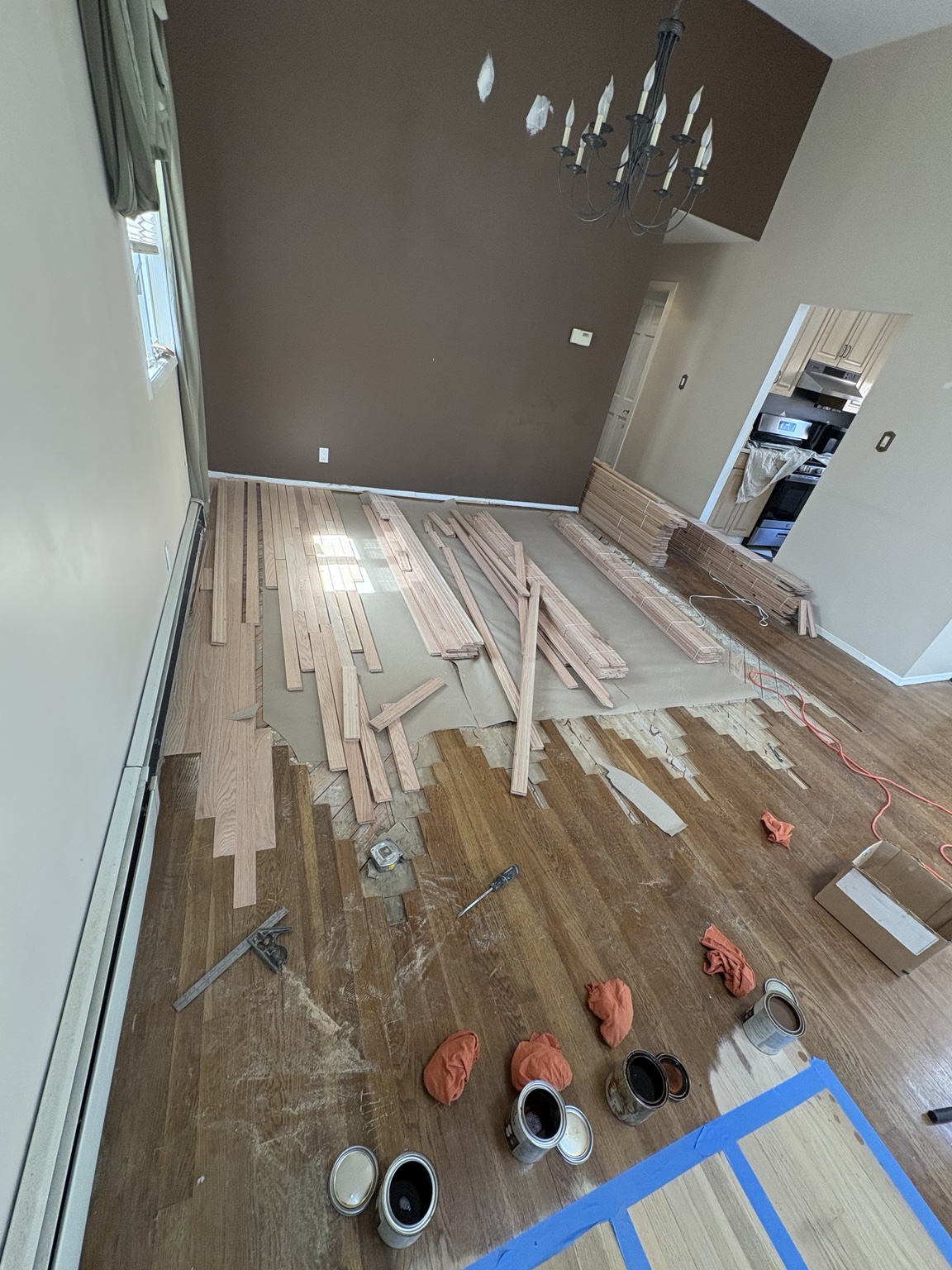 Hardwood installation in progress